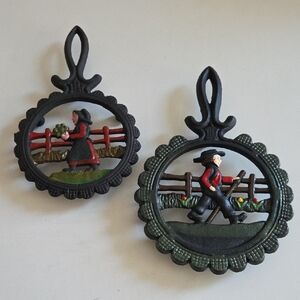 Decorative Cast Iron Trivets with Amish Figures